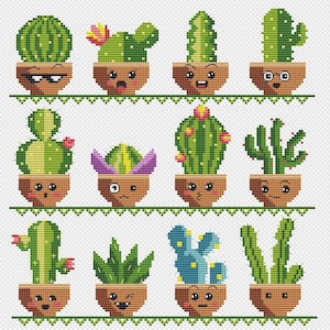Puede incluir: Doce cactus en maceta diferentes con caras lindas. Los cactus están en macetas marrones con detalles verdes, amarillos y azules. Los cactus son todos de diferentes formas y tamaños.