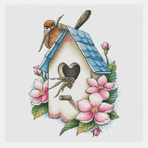 Weißes Vogelhaus Kreuzstichmuster Frühlingsmuster Verschachtelung Vogel Kreuzstich Frühlingsblumen Muster Wohnkultur Frühling pdf Muster