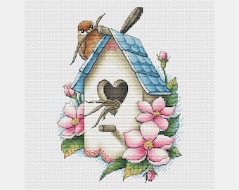 White birdhouse cross stitch pattern spring pattern nesting bird cross stitch spring flowers pattern home decor spring pdf pattern
