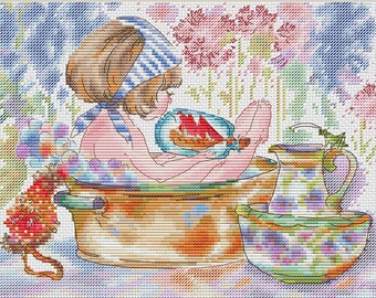 Girl in bath cross stitch pattern