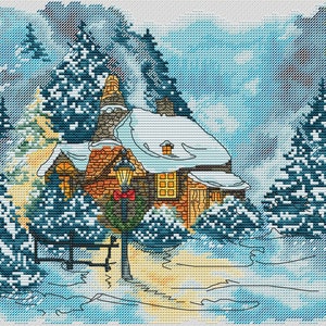 House in the snow cross stitch pattern fairytale house cross stitch