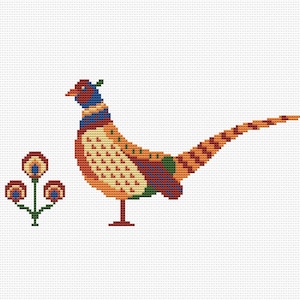 May include: A cross-stitch pattern of a pheasant with a long tail and three small flowers. The pheasant is brown, orange, yellow, green, blue, and red. The flowers are red, orange, yellow, and blue.