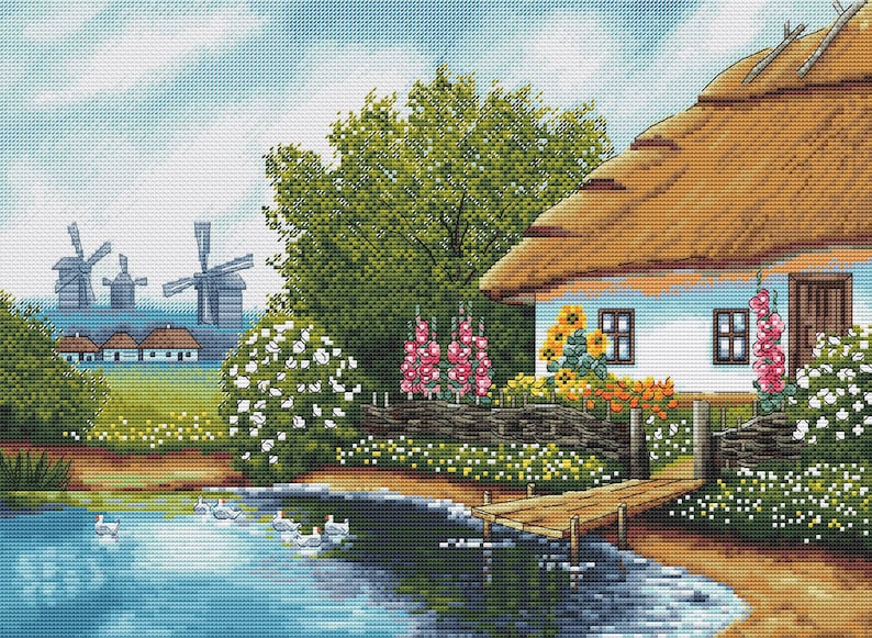House by the pond cross stitch pattern country house cross | Etsy