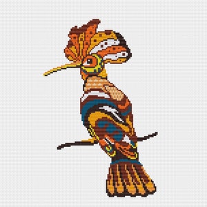 May include: A colourful cross-stitch pattern of a hoopoe bird with a long beak and a distinctive crest of feathers. The bird is depicted in shades of orange, yellow, brown, blue, and white.
