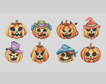 May include: Eight Halloween pumpkins with different expressions and costumes. The pumpkins are orange with black eyes, noses, and mouths. Some pumpkins have hats, a pirate eye patch, and devil horns.