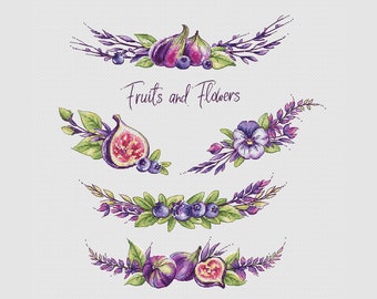 Blueberry cross stitch pattern Fig cross stitch pattern violet flowers cross stitch pattern fruits and flowers cross stitch flower ornament