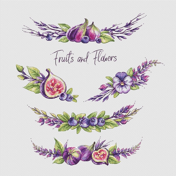 Blueberry cross stitch pattern Fig cross stitch pattern violet flowers cross stitch pattern fruits and flowers cross stitch flower ornament