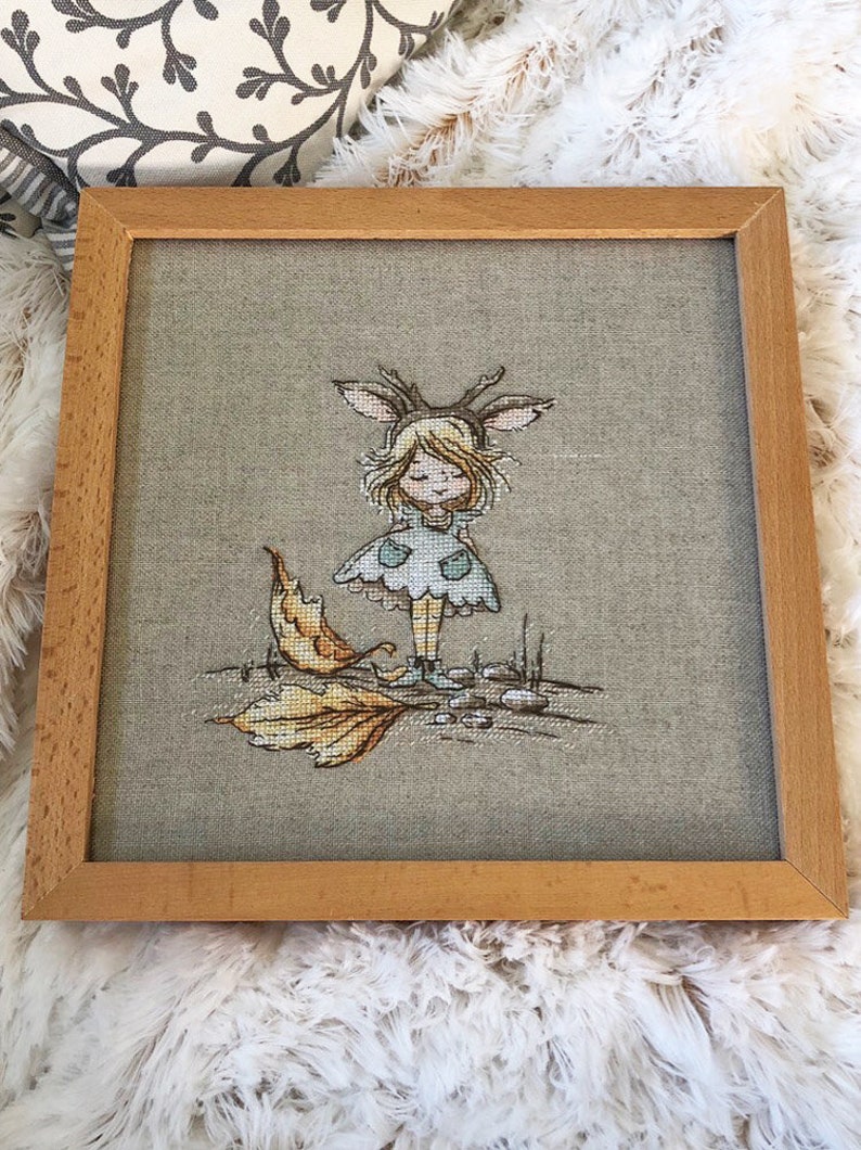 Little Autumn Fairy cross stitch pattern girl with deer horns pattern pdf cute forest girl cross stitch pattern gift for girl cross stitch image 4