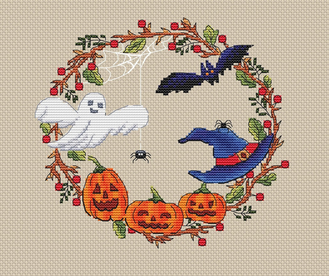 Halloween Wreath Cross Stitch Pattern Ghost Cross Stitch Pumpkins Cross ...
