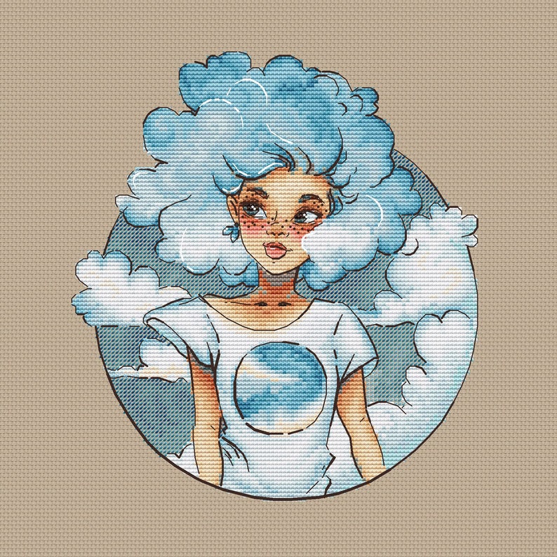 Blue hair girl cross stitch pattern girl with clouds cross image 2 