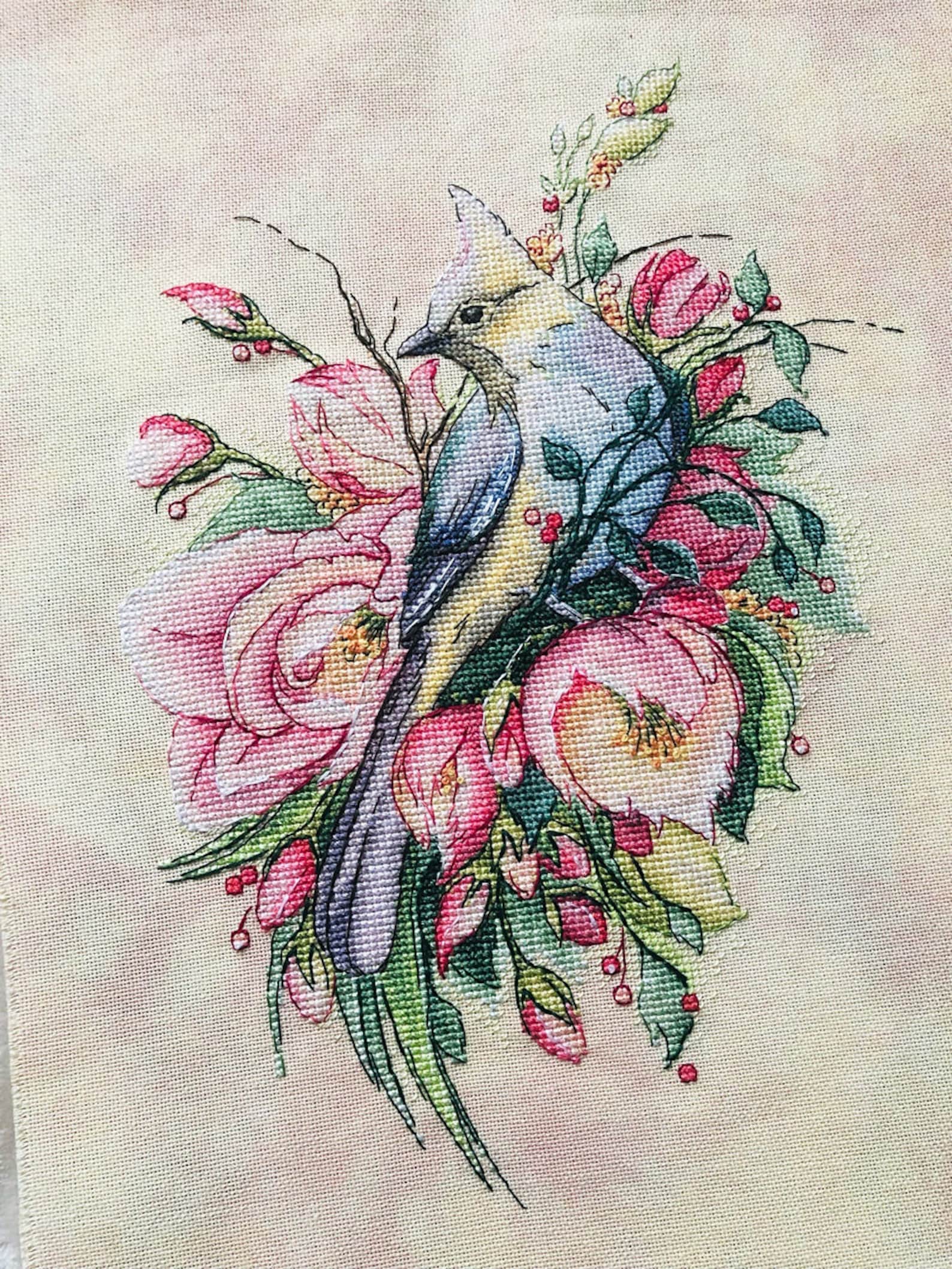 Bird With Flowers Cross Stitch Pattern Waxwing Cross Stitch - Etsy