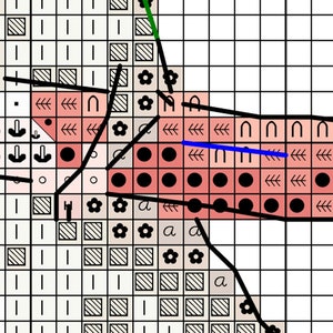 May include: A cross stitch pattern featuring black and white lines, red and white circles, and black and white flowers. The pattern includes the letters "a" and "c" and arrows pointing to the left.