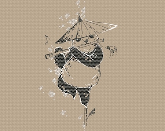 Panda Bear cross stitch pattern Panda with flute cross stitch Panda sketch cross stitch pattern by SVStitch