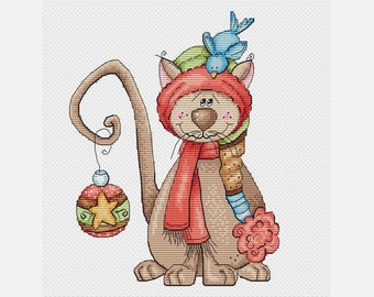 Cross stitch Christmas cat cross stitch cat with Christmas decoration cross stitch merry Christmas cross stitch gift for cat owner