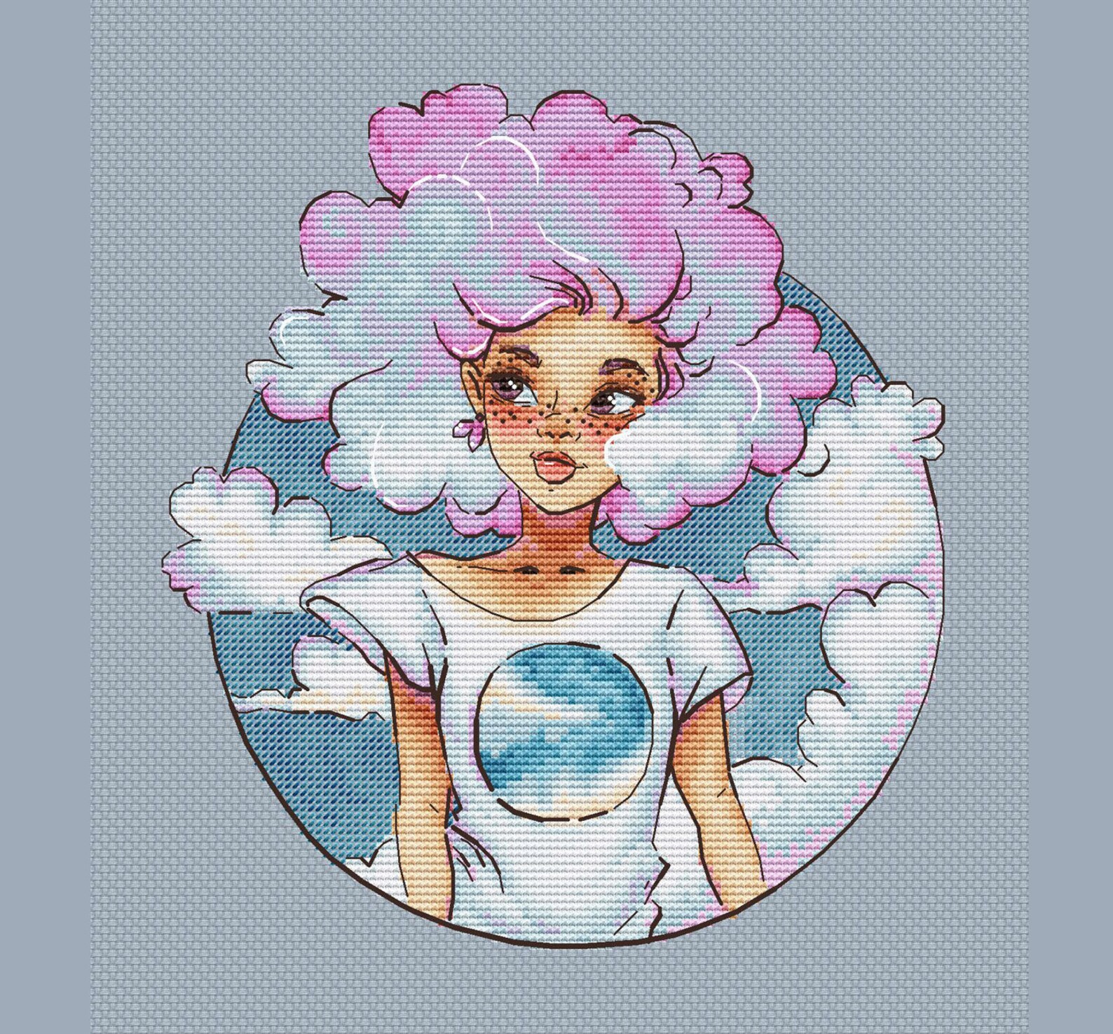 Pink hair girl cross stitch pattern girl with windy hair cross Etsy