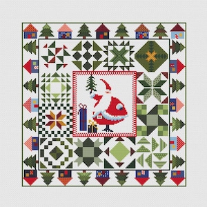 May include: A Christmas-themed cross-stitch design featuring a central image of Santa Claus holding a Christmas tree, surrounded by a patchwork border with houses, trees, and geometric patterns. The color palette includes red, green, blue, and white.