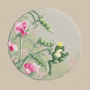 Frog with crown cross stitch pattern fairy tale cross stitch frog cross stitch green pea cross stitch for girl princess cross stitch