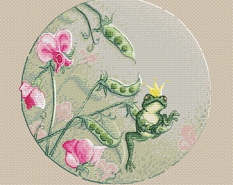 Frog with crown cross stitch pattern fairy tale cross stitch frog cross stitch green pea cross stitch for girl princess cross stitch