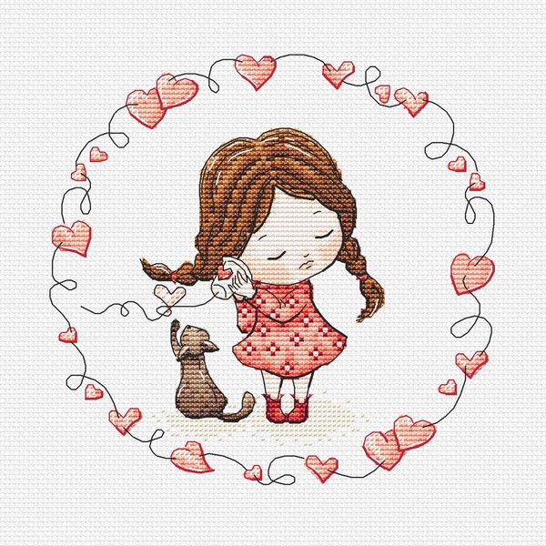 Cute little girl with cat cross stitch pattern girl in red dress cross stitch kitten cross stitch gift for baby girl red heart cross stitch