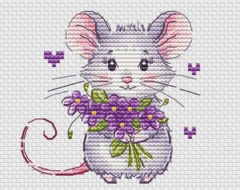 Mouse with violets cross stitch pattern