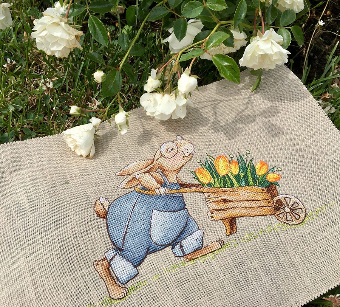 Bunny With Wheelbarrow Cross Stitch Pattern Easter Rabbit - Etsy