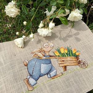 Bunny With Wheelbarrow Cross Stitch Pattern Easter Rabbit Cross Stitch ...