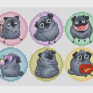 May include: Six illustrated images of pugs in different poses and settings. Each pug is black and white and has a different expression. The pugs are surrounded by colorful circles.