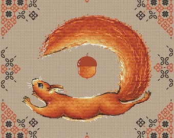 Jumping Squirrel cross stitch pattern Squirrel with acorn cross stitch table cloth ornament cross stitch pattern by SVStitch