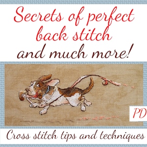 Puede incluir: Una guía PDF descargable para punto de cruz con el título "Secrets of perfect back stitch and much more!" y una ilustración de dibujos animados de un perro corriendo con un palo en la boca.
