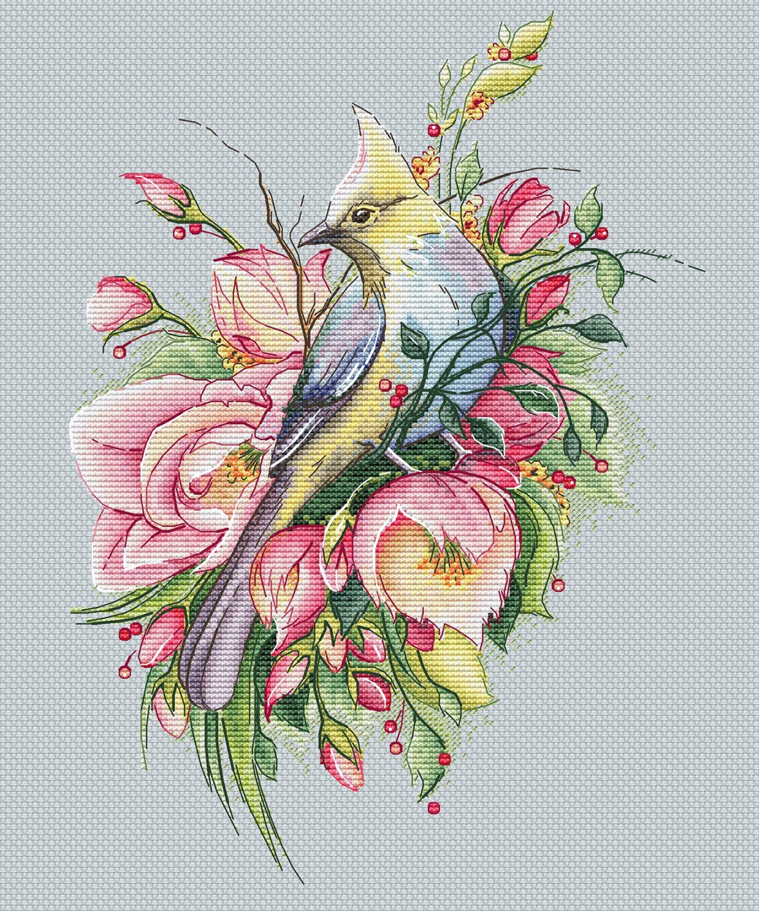 Bird With Flowers Cross Stitch Pattern Waxwing Cross Stitch - Etsy