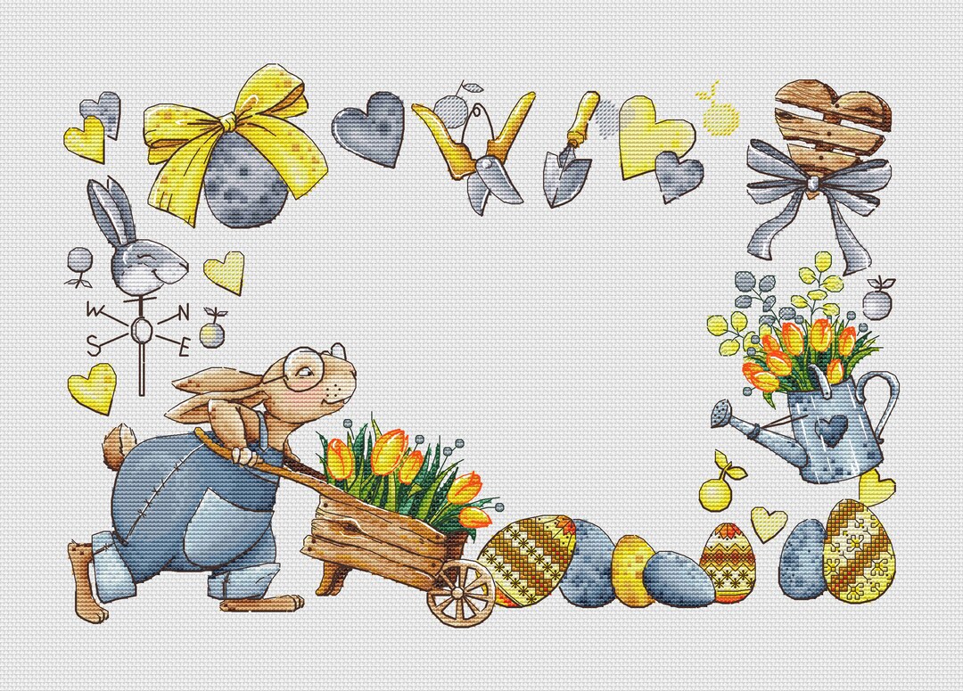Bunny With Wheelbarrow Cross Stitch Pattern Easter Rabbit Cross Stitch ...