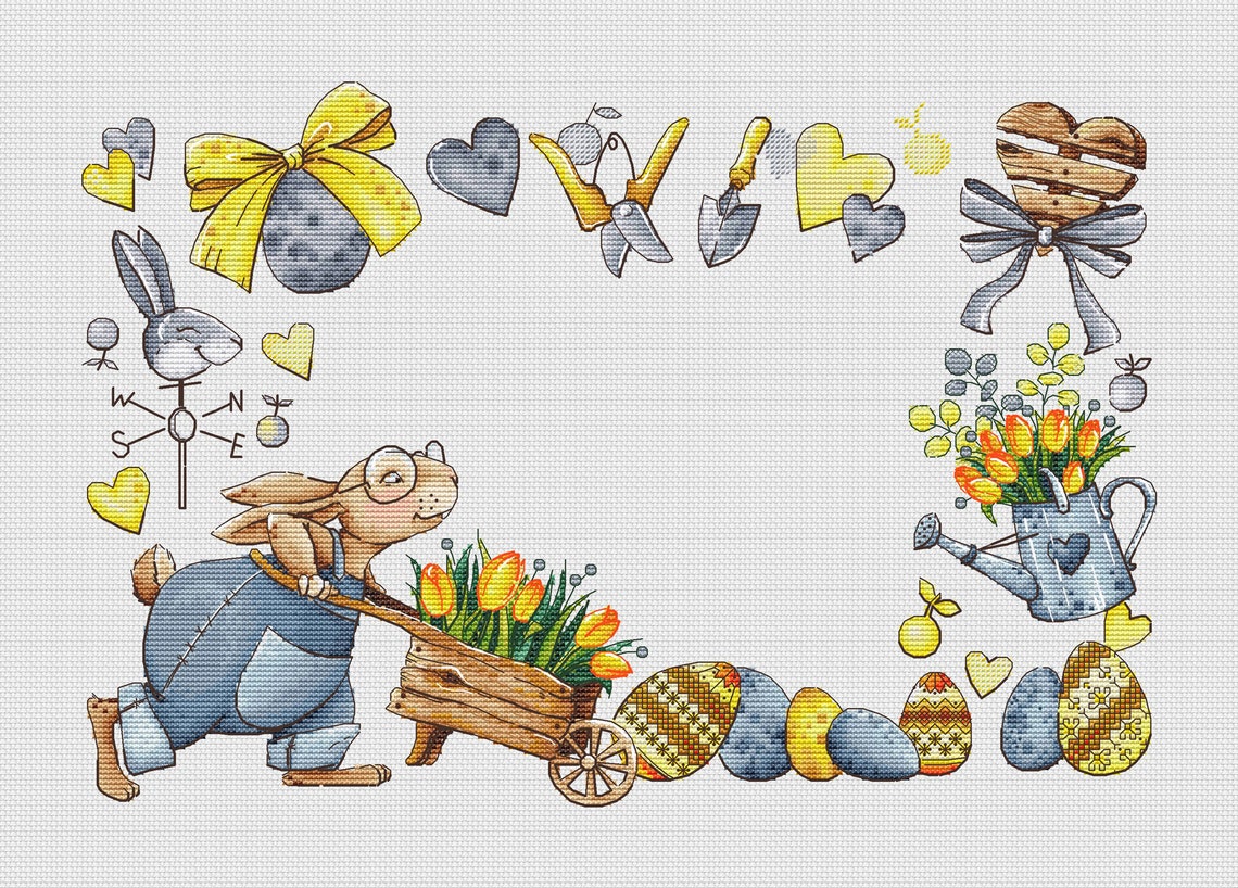Bunny With Wheelbarrow Cross Stitch Pattern Easter Rabbit - Etsy