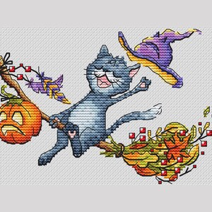 Cat riding broom cross stitch pattern