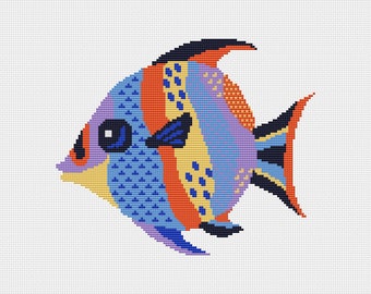 May include: A colourful fish with blue, orange, yellow, and purple scales. The fish has a black eye and a black fin.