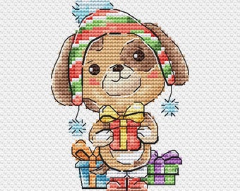 May include: A brown and white dog wearing a red, green, and white striped hat with a white pom-pom on top. The dog is holding a red and yellow gift box and is surrounded by other wrapped gifts.