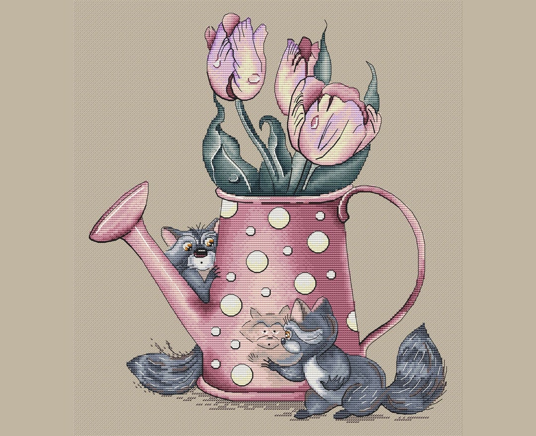 Pink Watering Can Cross Stitch Pattern Cute Raccoons Cross Etsy