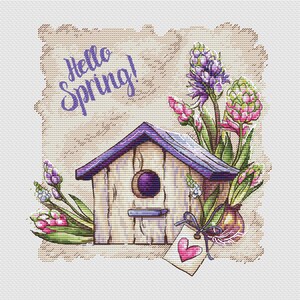 Bird house cross stitch pattern