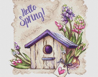 Bird house cross stitch pattern