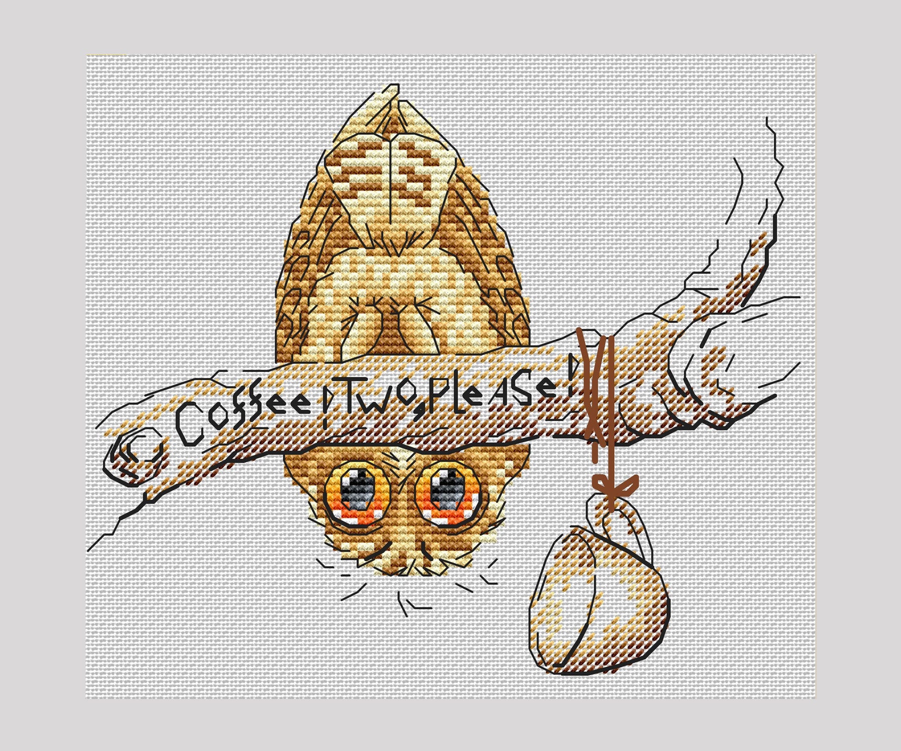 Owl with coffee cross stitch pattern