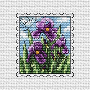 May include: A purple and green cross-stitch design of iris flowers in a postage stamp frame.