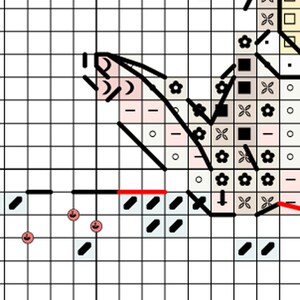 以下が含まれることがあります： 黒、白、ピンクの糸を使ったクロスステッチパターンのクローズアップ。パターンは、小さな花や葉のある花柄のデザインです。