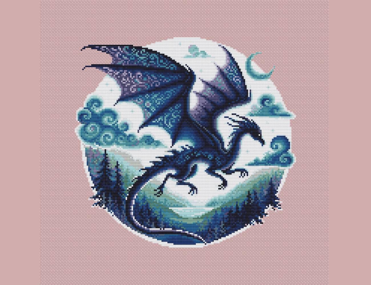 Blue dragon flying cross stitch pattern