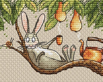 Rabbit with cup of tea Cross Stitch Pattern bunny cross stitch pear cross stitch tea cross stitch kettle cross stitch animal cross stitch