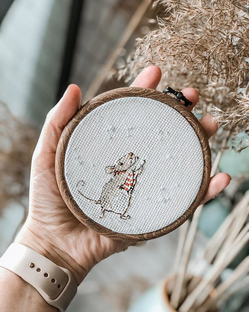 Snow baby cross stitch pattern little mouse cross stitch winter cross stitch Christmas cross stitch white mouse cross stitch cute embroidery