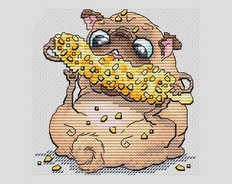 Pug eating corn cross stitch pattern