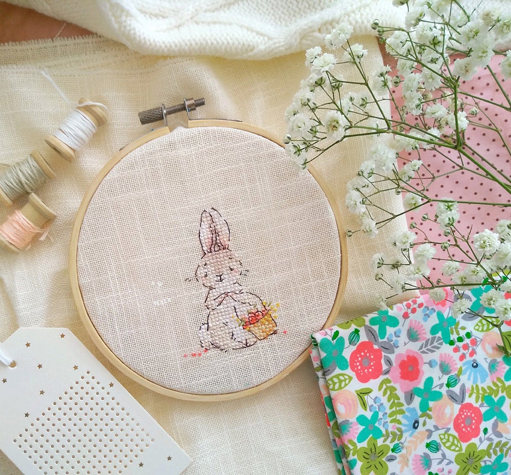 Spring Bunny With Flowers Cross Stitch Pattern Bunny Girl With Basket ...