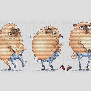 May include: Three cartoon pugs wearing blue jeans and looking distressed. The pugs are brown and white and have large, round eyes. The pugs are standing on a white background.