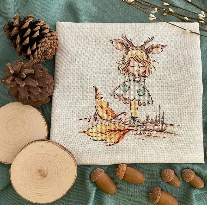 Little Autumn Fairy cross stitch pattern girl with deer horns pattern pdf cute forest girl cross stitch pattern gift for girl cross stitch image 5