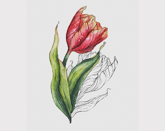 Big red tulip cross stitch pattern flower cross stitch