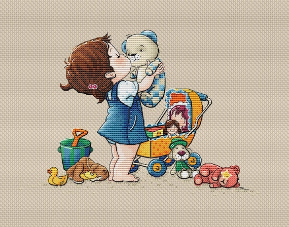 Baby Girl With Toys Cross Stitch Pattern Mom Cross Stitch Toy Bear Cross Stitch  Girl With Teddy Cross Stitch Gift for Girl Baby Cross Stitch 